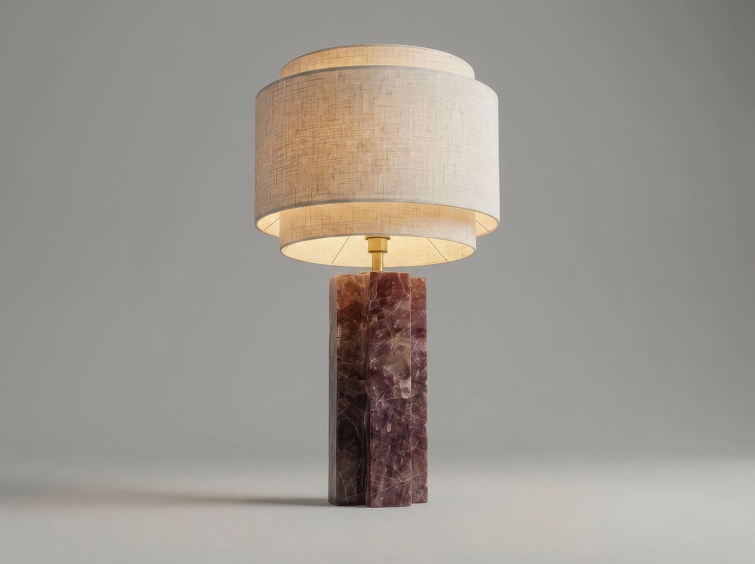 Lampe Rosso, pierre rouge et améthyste, double abat-jour lin